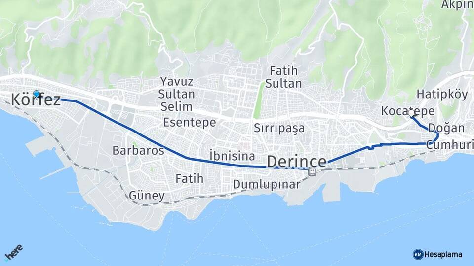 Kocaeli Körfez Kuruçeşme Fatih İzmit Arası Kaç Km - Yol Haritası