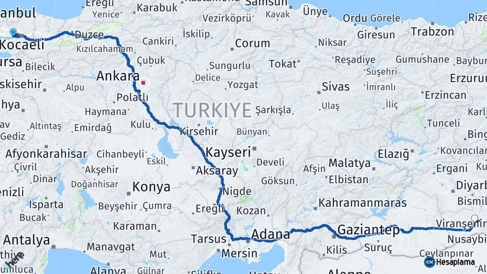 Kocaeli Körfez Mardin Arası Kaç Km - Yol Haritası