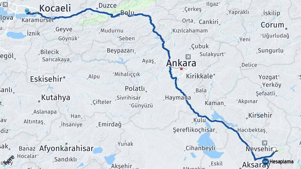 Kocaeli Körfez Nevşehir Arası Kaç Km - Yol Haritası