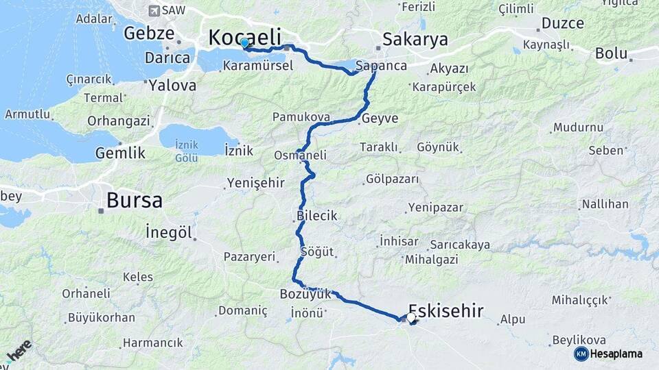 Kocaeli Körfez Odunpazarı Eskişehir Arası Kaç Km - Yol Haritası