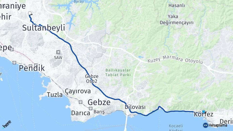 Kocaeli Körfez Samandıra Sancaktepe İstanbul Arası Kaç Km - Yol Haritası