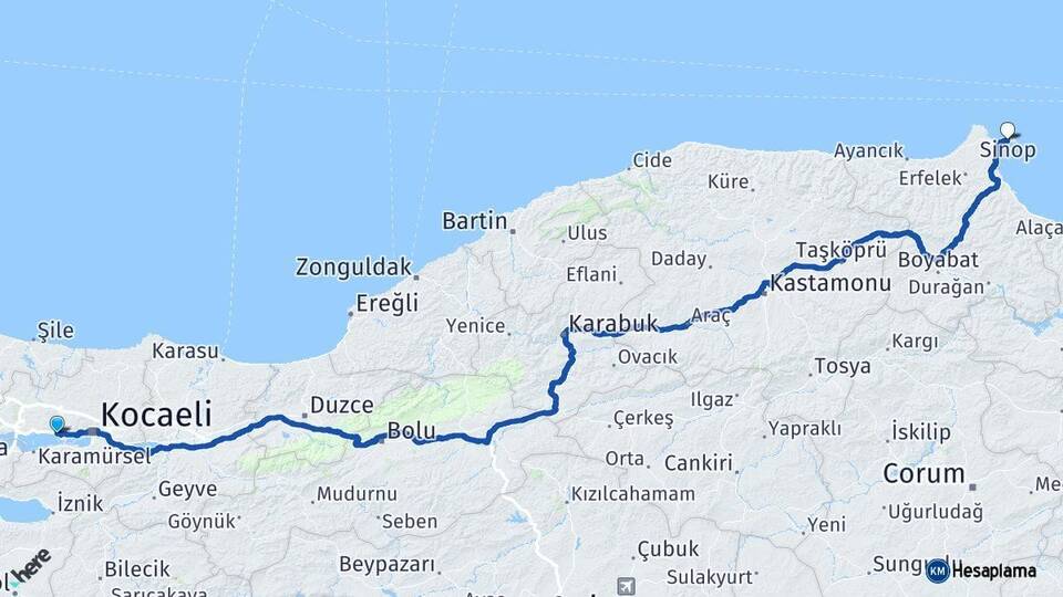 Kocaeli Körfez Sinop Arası Kaç Km - Yol Haritası