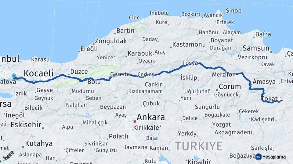 Kocaeli Körfez Tokat Arası Kaç Km - Yol Haritası