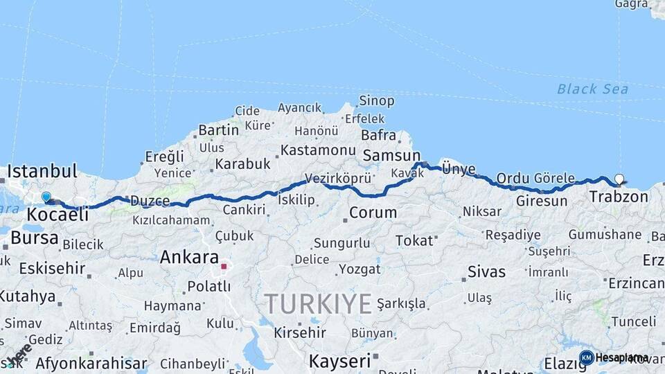 Kocaeli Körfez Trabzon Arası Kaç Km - Yol Haritası