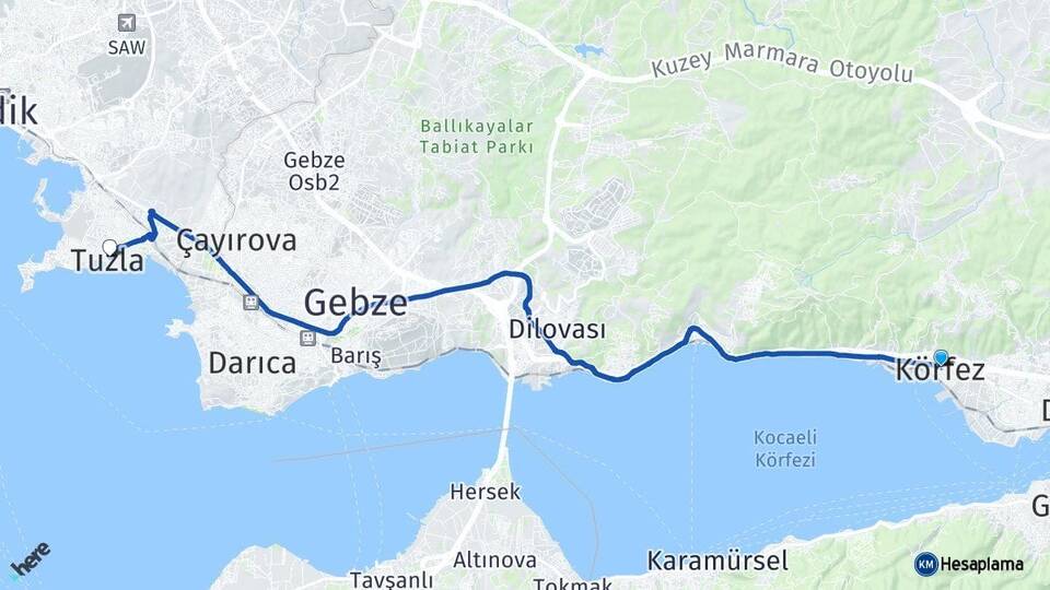 Kocaeli Körfez Tuzla İstanbul Arası Kaç Km - Yol Haritası