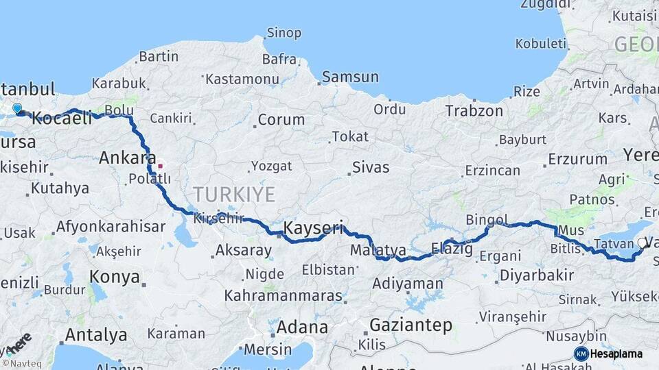 Kocaeli Körfez Van Arası Kaç Km - Yol Haritası