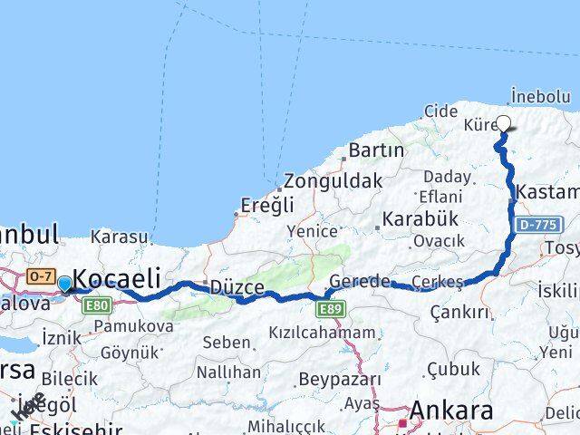 Kocaeli Küre Kastamonu Arası Kaç Km - Yol Haritası