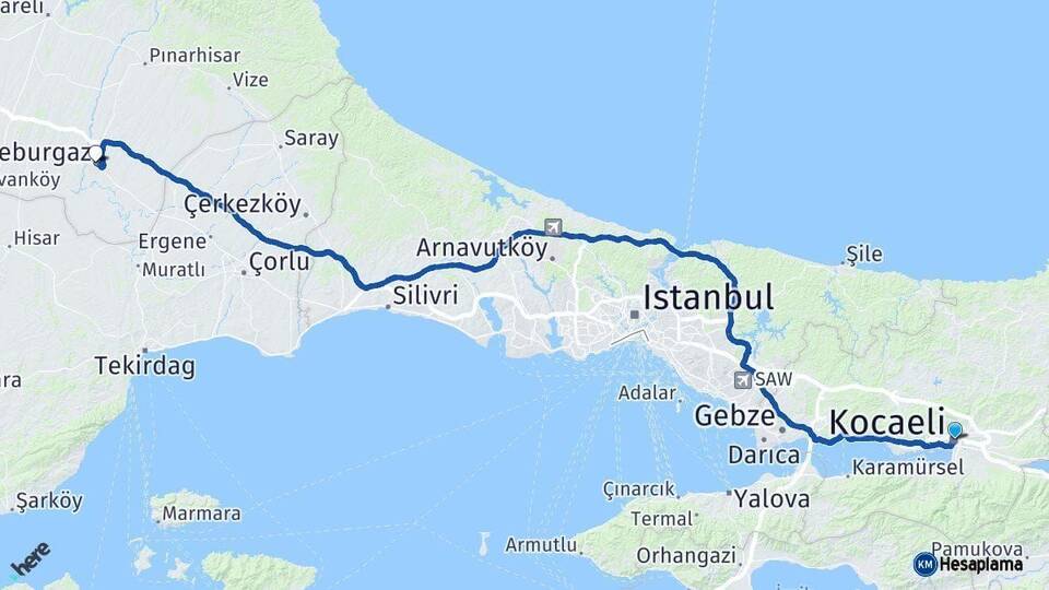 Kocaeli Lüleburgaz Kırklareli Arası Kaç Km - Yol Haritası