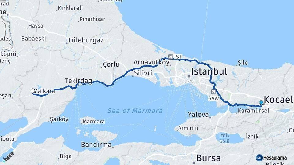Kocaeli Malkara Tekirdağ Arası Kaç Km - Yol Haritası