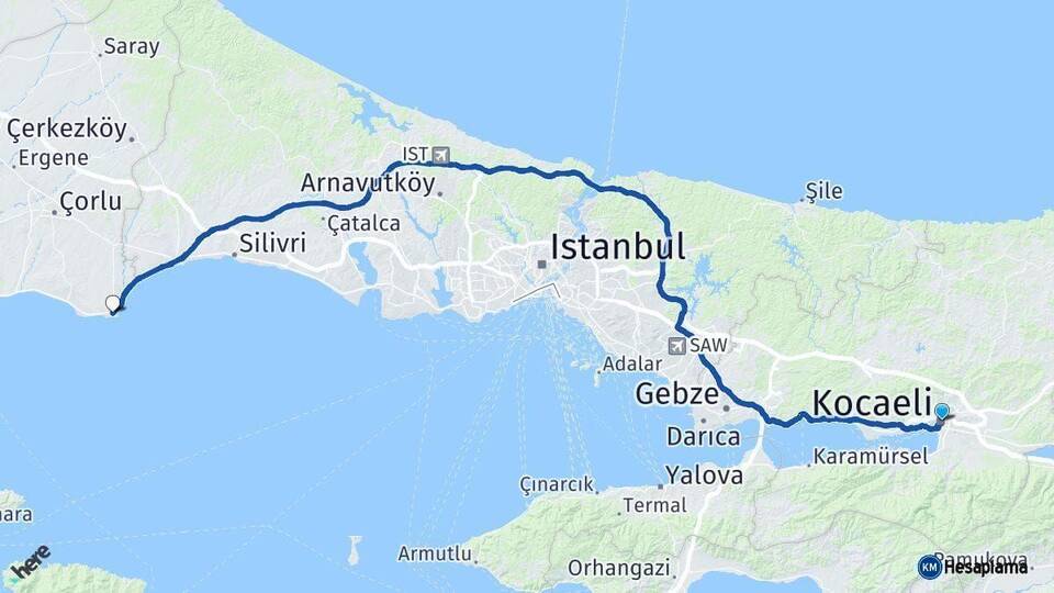 Kocaeli Marmaraereğlisi Tekirdağ Arası Kaç Km - Yol Haritası