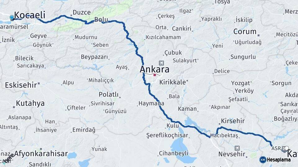 Kocaeli Melikgazi Kayseri Arası Kaç Km - Yol Haritası
