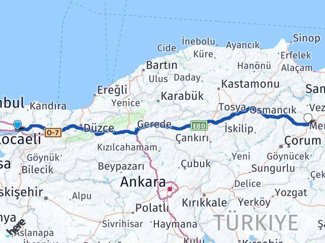 Kocaeli Merzifon Amasya Arası Kaç Km - Yol Haritası