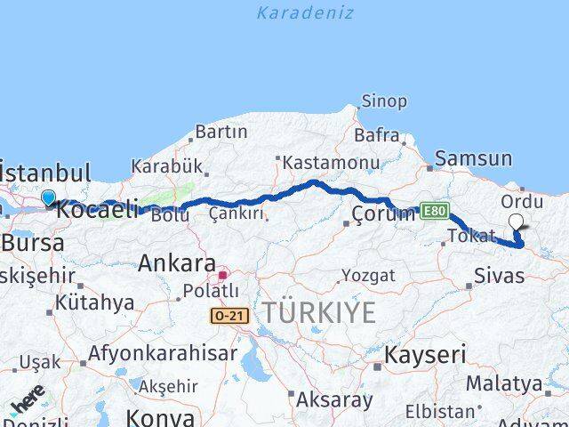 Kocaeli Mesudiye Ordu Arası Kaç Km - Yol Haritası
