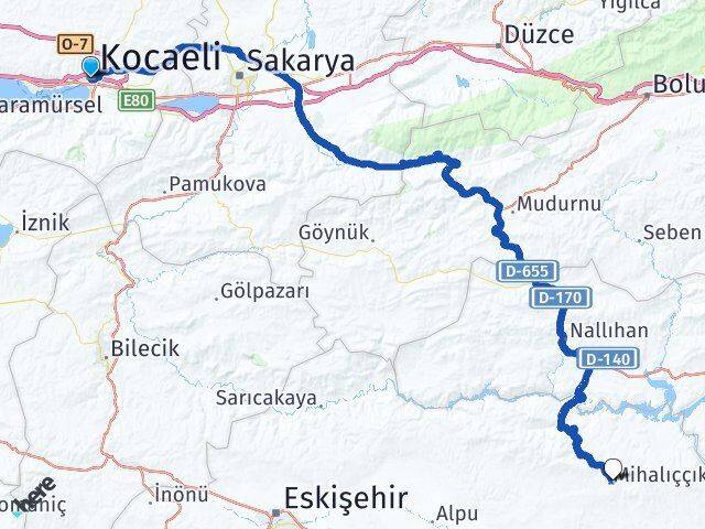 Kocaeli Mihalıççık Eskişehir Arası Kaç Km - Yol Haritası