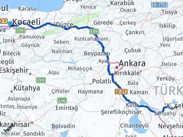 Kocaeli Mucur Kırşehir Arası Kaç Km - Yol Haritası
