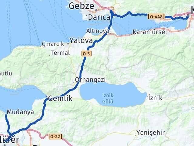Kocaeli Mudanya Bursa Arası Kaç Km - Yol Haritası