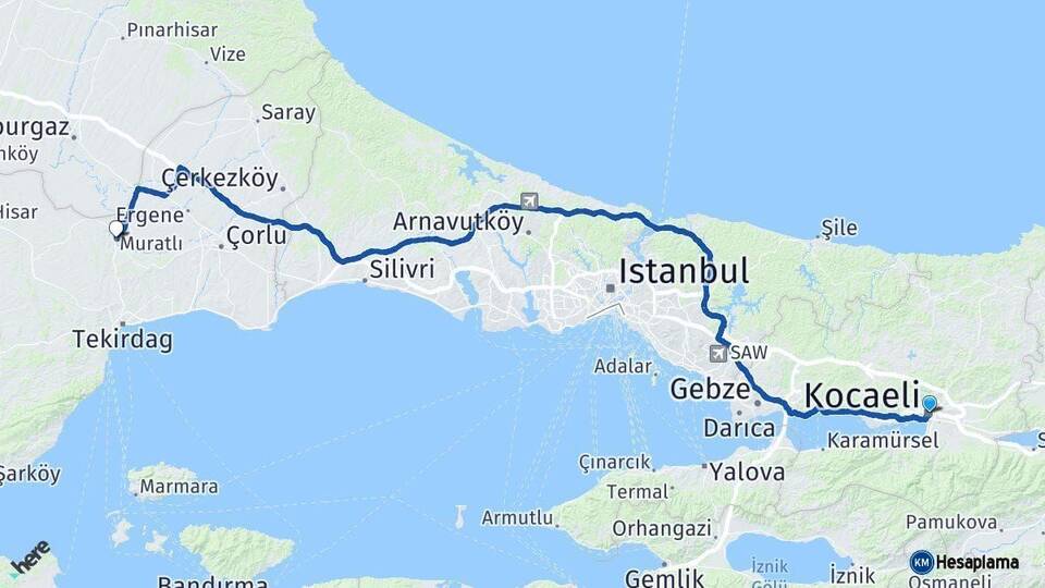 Kocaeli Muratlı Tekirdağ Arası Kaç Km - Yol Haritası