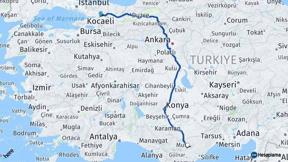 Kocaeli Mut Mersin Arası Kaç Km - Yol Haritası