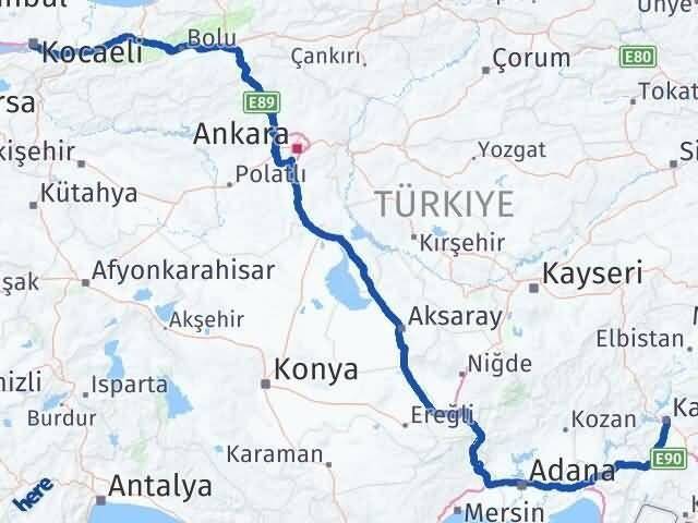 Kocaeli Onikişubat Kahramanmaraş Arası Kaç Km - Yol Haritası