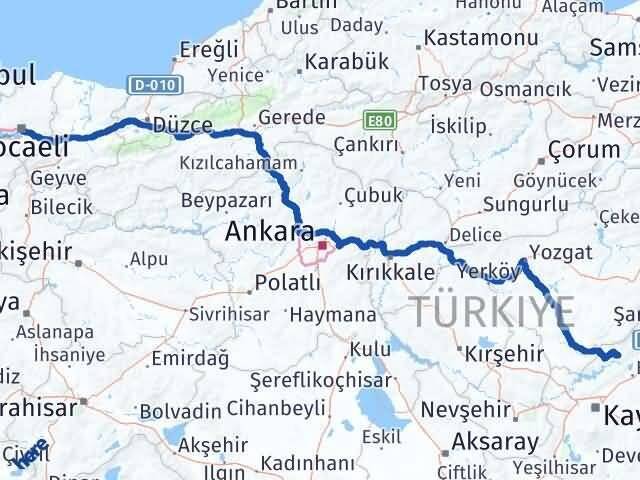 Kocaeli Özvatan Kayseri Arası Kaç Km - Yol Haritası
