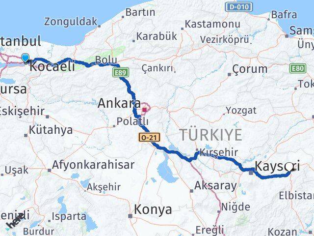 Kocaeli Pınarbaşı Kayseri Arası Kaç Km - Yol Haritası
