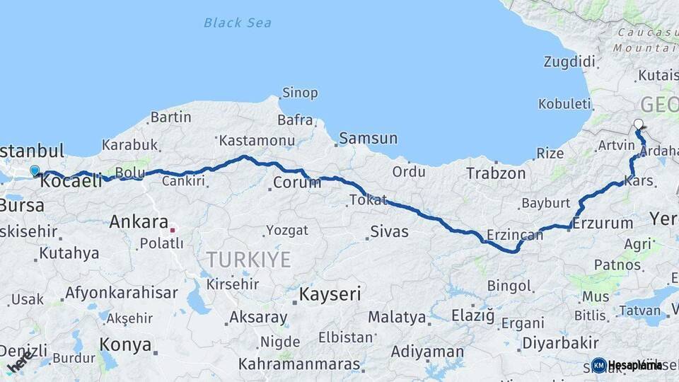 Kocaeli Posof Ardahan Arası Kaç Km - Yol Haritası