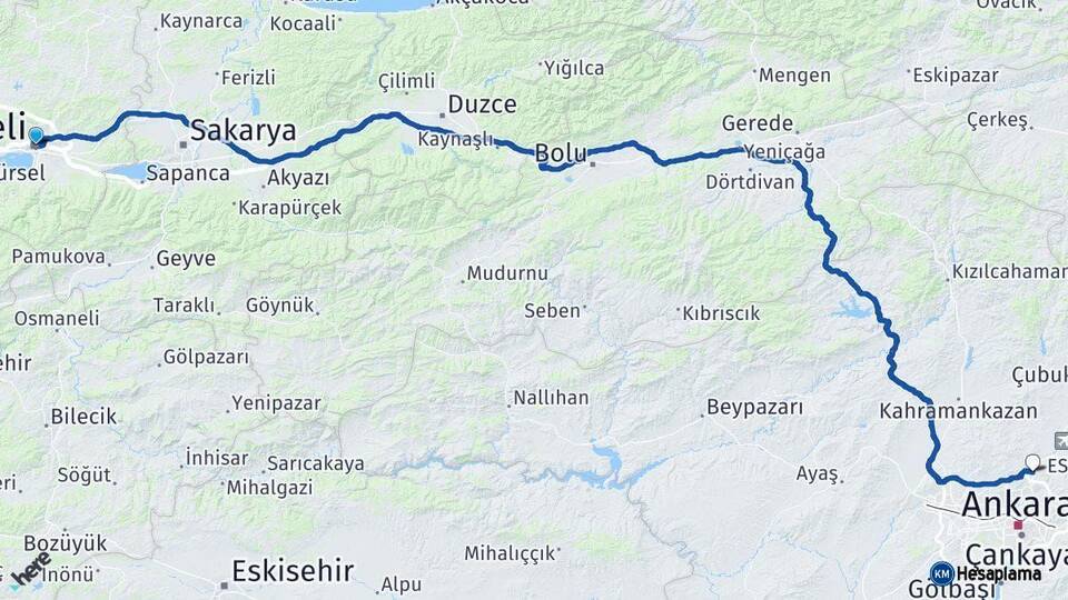 Kocaeli Pursaklar Ankara Arası Kaç Km - Yol Haritası