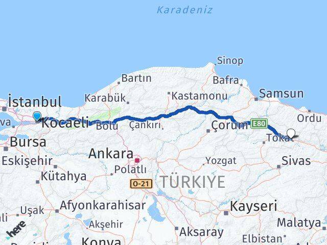 Kocaeli Reşadiye Tokat Arası Kaç Km - Yol Haritası