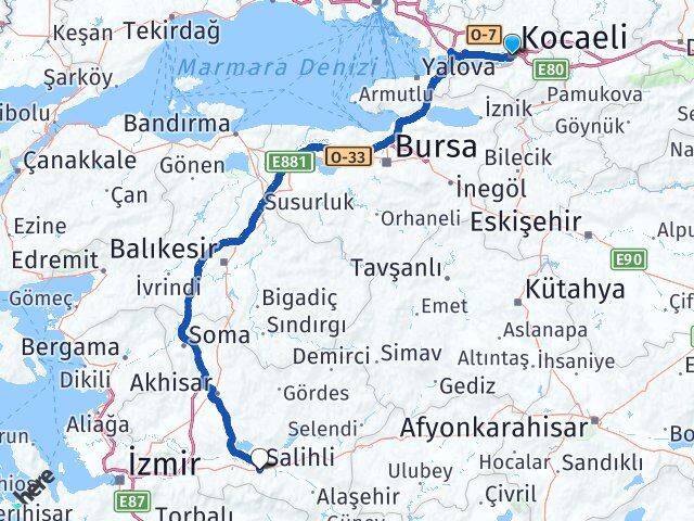 Kocaeli Salihli Manisa Arası Kaç Km - Yol Haritası