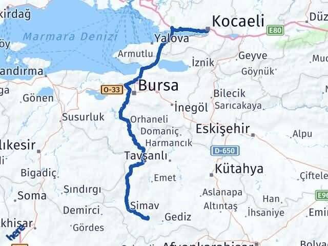Kocaeli Şaphane Kütahya Arası Kaç Km - Yol Haritası