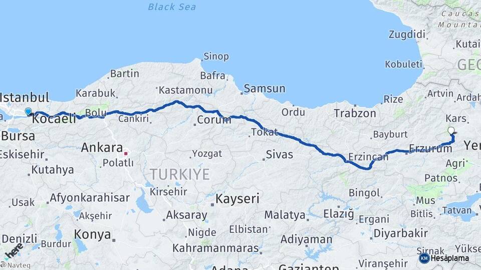 Kocaeli Sarıkamış Kars Arası Kaç Km - Yol Haritası