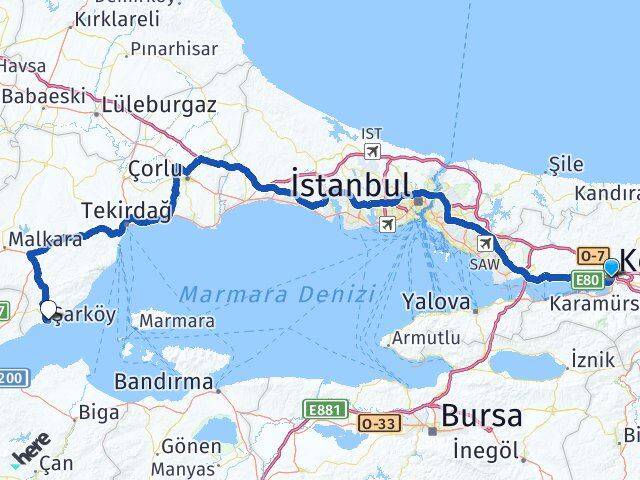 Kocaeli Şarköy Tekirdağ Arası Kaç Km - Yol Haritası