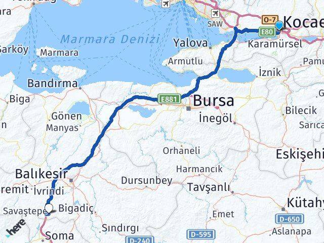 Kocaeli Savaştepe Balıkesir Arası Kaç Km - Yol Haritası