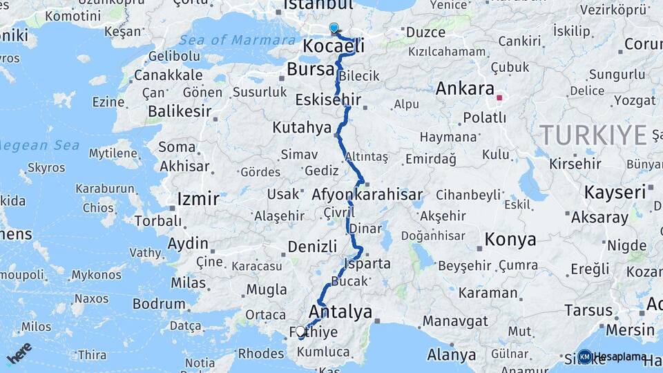 Kocaeli Seydikemer Muğla Arası Kaç Km - Yol Haritası