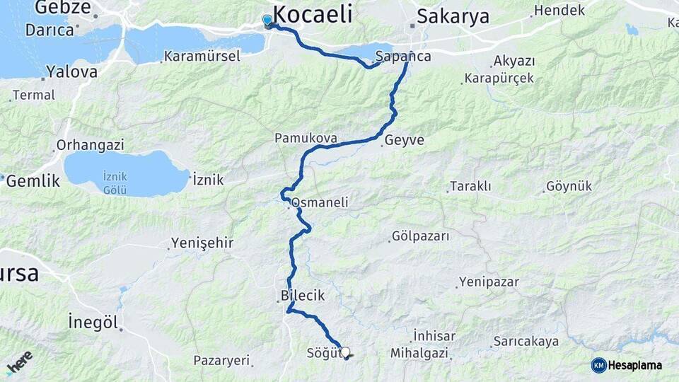 Kocaeli Söğüt Bilecik Arası Kaç Km - Yol Haritası
