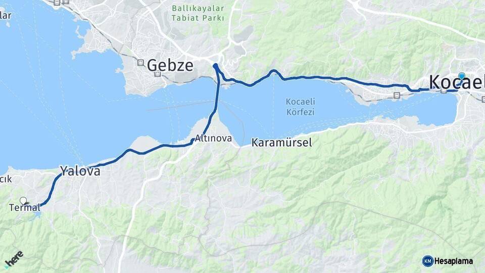 Kocaeli Termal Yalova Arası Kaç Km - Yol Haritası