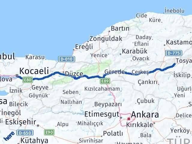 Kocaeli Tosya Kastamonu Arası Kaç Km - Yol Haritası