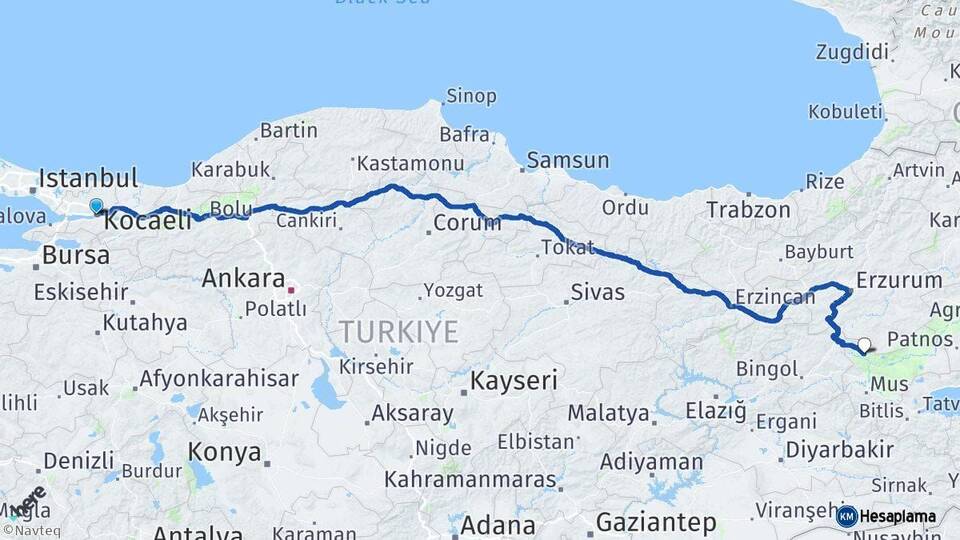Kocaeli Varto Muş Arası Kaç Km - Yol Haritası