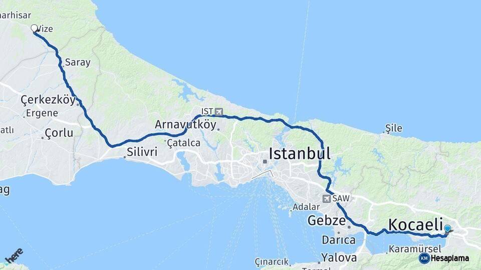 Kocaeli Vize Kırklareli Arası Kaç Km - Yol Haritası