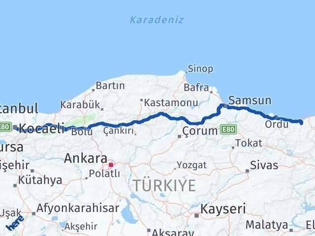 Kocaeli Yağlıdere Giresun Arası Kaç Km - Yol Haritası