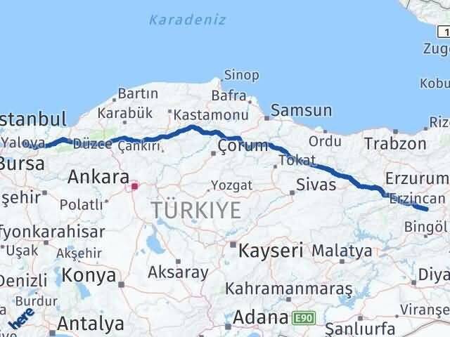 Kocaeli Yedisu Bingöl Arası Kaç Km - Yol Haritası