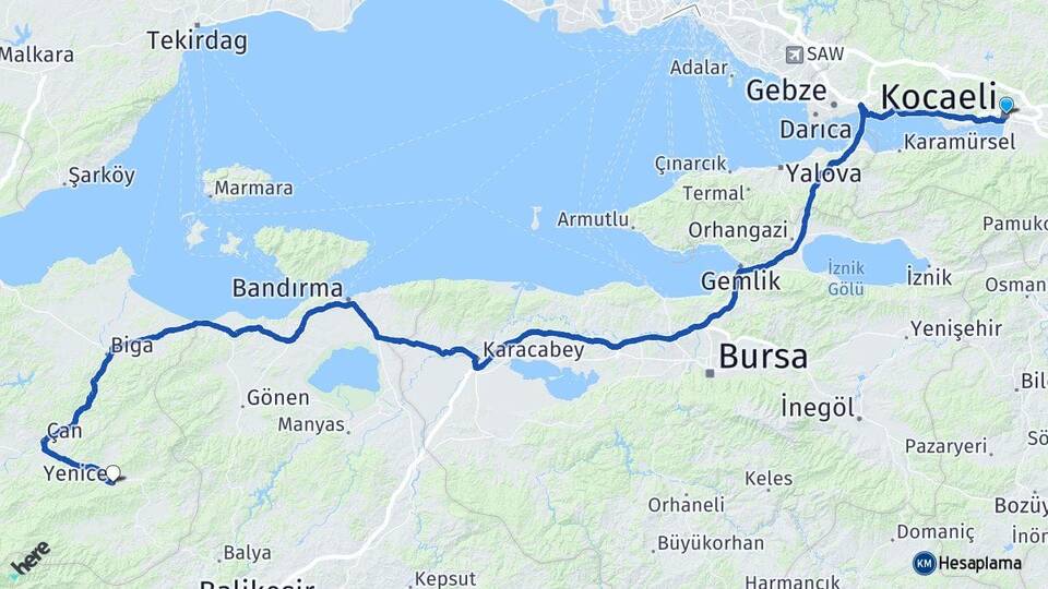 Kocaeli Yenice Çanakkale Arası Kaç Km - Yol Haritası