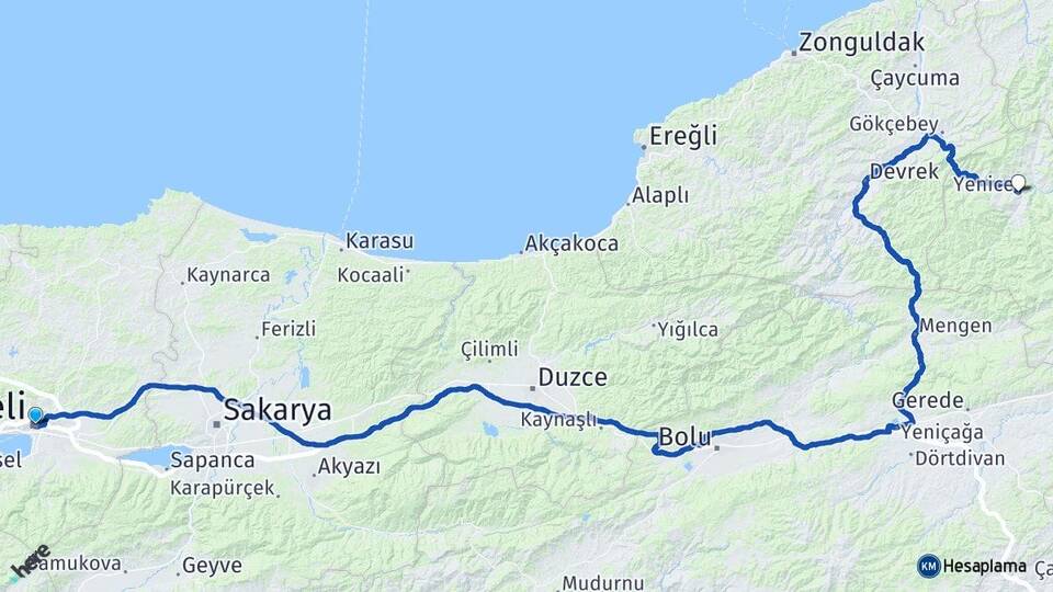 Kocaeli Yenice Karabük Arası Kaç Km - Yol Haritası