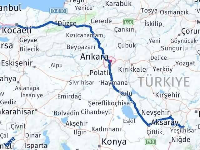 Kocaeli Yeşilhisar Kayseri Arası Kaç Km - Yol Haritası
