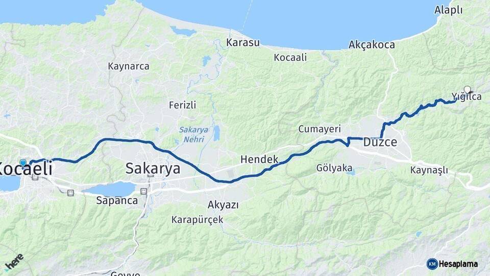 Kocaeli Yığılca Düzce Arası Kaç Km - Yol Haritası