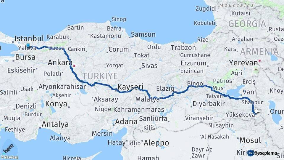 Kocaeli Yüksekova Hakkari Arası Kaç Km - Yol Haritası