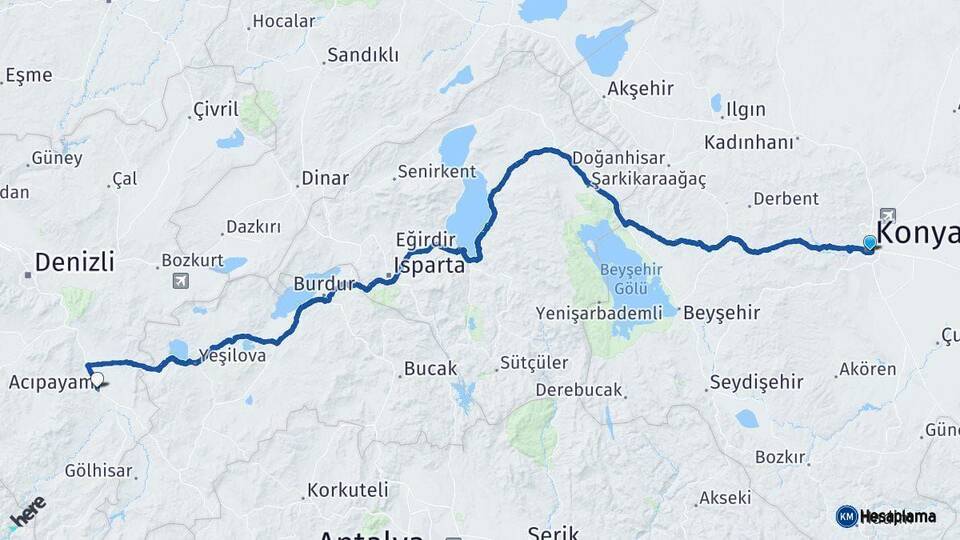 Konya Acıpayam Denizli Arası Kaç Km - Yol Haritası