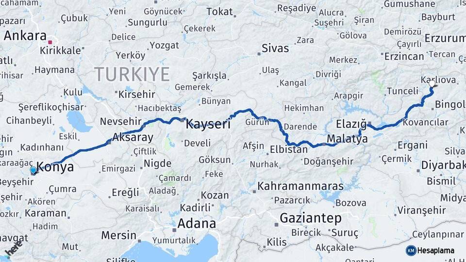 Konya Adaklı Bingöl Arası Kaç Km - Yol Haritası