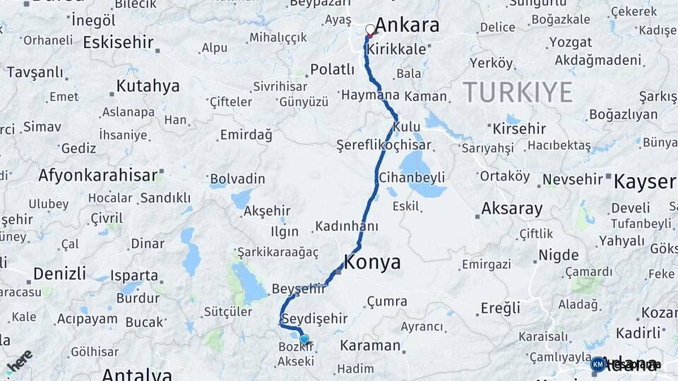 Konya Ahırlı Ankara Arası Kaç Km - Yol Haritası