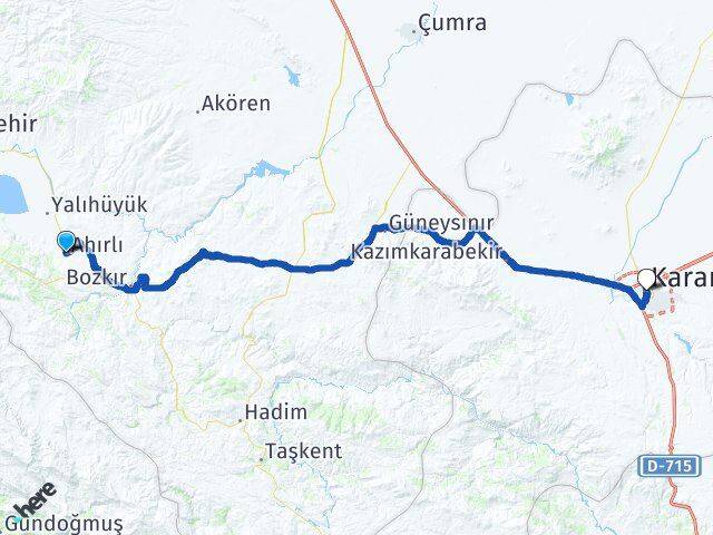 Konya Ahırlı Karaman Arası Kaç Km - Yol Haritası